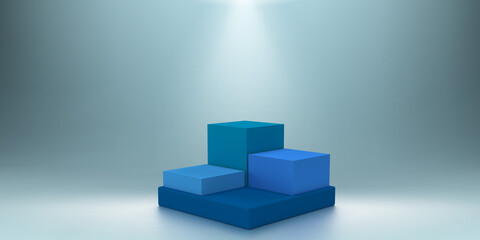 Geometric Studio Scene with four opaque squares. Stage podium in box form. Empty showroom pedestal with falling light. Minimal platform in 3D render and copy space. Graphic design in blue colors. 