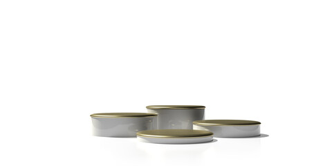 Geometric Studio Scene with four golden Stage Podium Forms. Empty Showroom Pedestal. Minimalist Platform Composition in Illustration. 3D rendering graphic design on white background with copy space