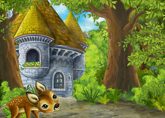 Cartoon nature scene near the forest with a path - illustration