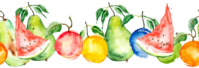 Watercolor painting, vintage seamless pattern - tropical fruits, citrus, slices of lemon, orange, mandarin, pear.apricot, peach, apple, plum, cherry plum. watermelon. Splash of paint yellow, red