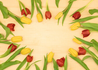 spring yewoll red tulips on wood stock photo tulpan