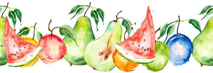 Watercolor painting, vintage seamless pattern - tropical fruits, citrus, slices of lemon, orange, mandarin, pear.apricot, peach, apple, plum, cherry plum. watermelon. Splash of paint yellow, red