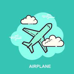 Airplane traveling in blue sky in between clouds flat concept design