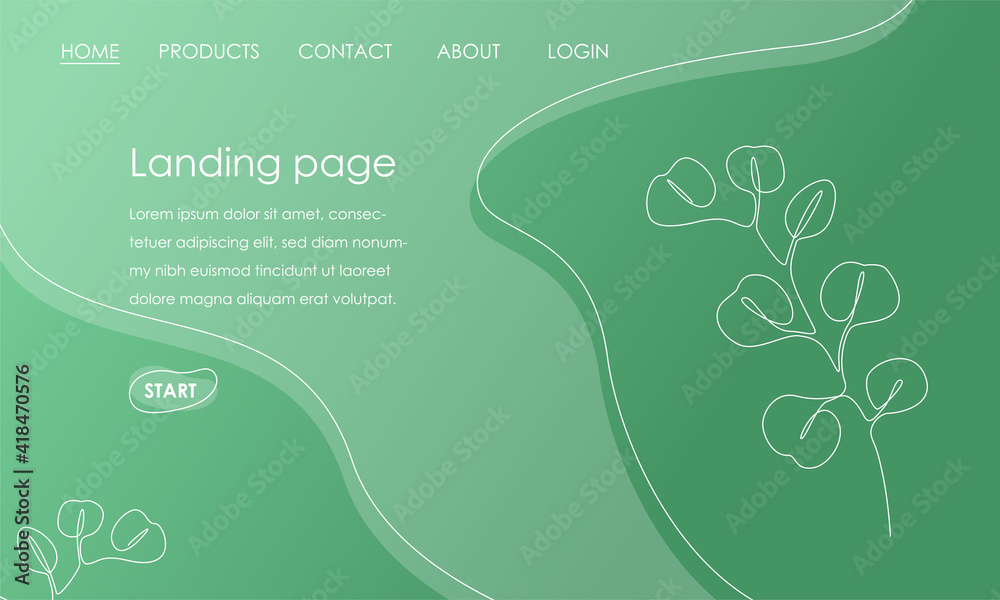 Poster Landing page template with eucalyptus on green background. Simple Tropical botanical design vector illustration concept for website development. Vector illustration