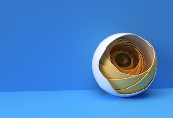 3D golden core ball hidden inside black hemisphere shell Minimalism geometry background. 3d illustration rendering.