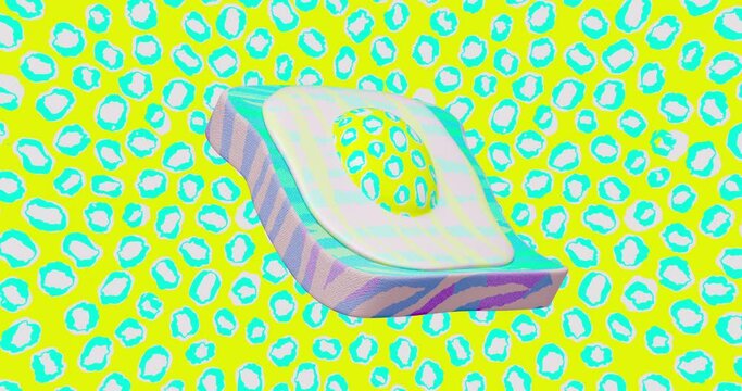 Minimal motion design. 3d creative fried eggs moves in abstract animal pattern space. 4k video Food, health, vegan funny food concept.