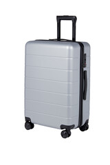 Gray suitcase for travel on an isolated white background. Three-quarter side view