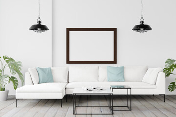 3d rendering mockup Home interior with decor elements. wooden frame.
