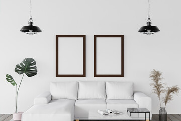 3d rendering mockup Home interior with decor elements. two wooden frame.