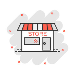 Vector cartoon store house icon in comic style. Shop sign illustration pictogram. Store market business splash effect concept.