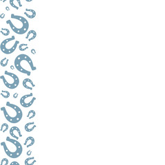 Lucky horseshoe. The horses shoes are blue. Seamless vertical border. Repeating vector pattern. Isolated colorless background. Good luck symbol. Endless ornament. St. Patricks Day. 