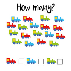 Fototapeta premium How many objects.Preschool Counting Activities. Printable worksheet. Educational game for children, toddlers and kids pre school age. Mathematics task. Learning mathematics, numbers.Tasks for addition
