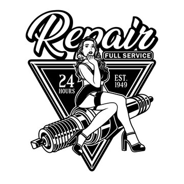 Spark Plug Pin Up Girl Hold Wrench Vector Illustration 