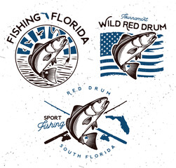 Vintage red drum fish emblems. Sciaenops ocellatus Labels. Vector illustration. - 418472744