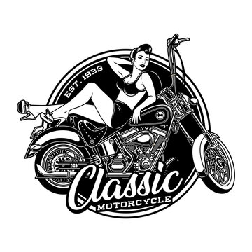 Vintage Pin Up Girl on Motorcycle Vector Illustration