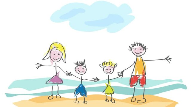 Animated drawing made by a child, happy family greeting from a beach on summer vacation at the sea