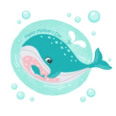 Rolgordijnen Moederdagkaart met walvissen. Schattige dieren moeder en baby. © miss[SIRI]