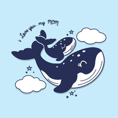 Obraz premium Mother's day card with Whales. Cute animal mom and baby.