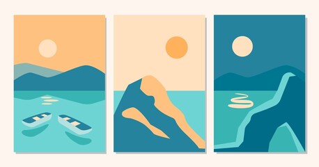 Abstract contemporary set of aesthetic backgrounds landscapes with sunrise, sunset, night, sea, boat with terra cotta colors.Vector flat illustration. Contemporary art print templates, boho wall decor