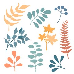 Hand drawn abstract set boho leaf  isolated on beige background. Vector flat illustration. Design for pattern, logo, posters, invitation, greeting card