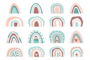 Hand drawn collection cute boho rainbows pastel color isolated on white background. Vector flat illustration. Design for baby shower, birthday, party, summer holiday, prints
