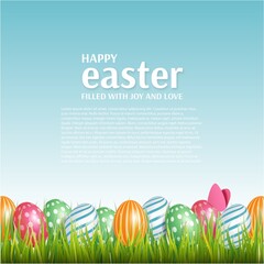 Easter card with realistic eggs and grass. Vector illustration of happy Easter holiday. Banner for a greeting card or advertising and shopping template for Easter