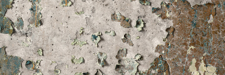 Peeling paint on the wall. Panorama of a concrete wall with old cracked flaking paint. Weathered rough painted surface with patterns of cracks and peeling. Panoramic texture for background and design.