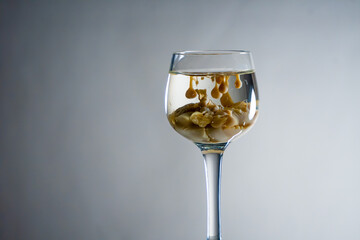 Reverse irish cream monkey brain shot drink in old fashioned elegant glass. Gradient background