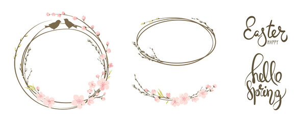 Frame -- Spring time. Willow and Cherry blossom. Set vector design elements on the theme of flowering and spring.  © imagination13