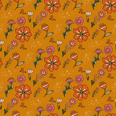 seamless pattern with bright flowers in the style of the 70