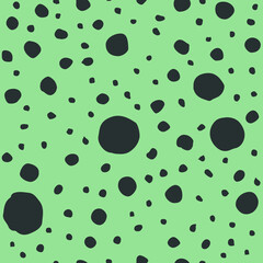 Abstract chaotic black spots, dots on green background. Moon surface. Vector illustration.