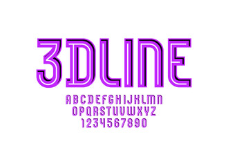 3D modern Font, trendy alphabet, condensed letters and numbers with white line, vector illustration 10eps