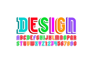 3D multi colored font, trendy bright alphabet, condensed letters and numbers, vector illustration 10EPS