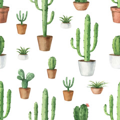 Watercolor vector seamless pattern of indoor green plants in pots.
