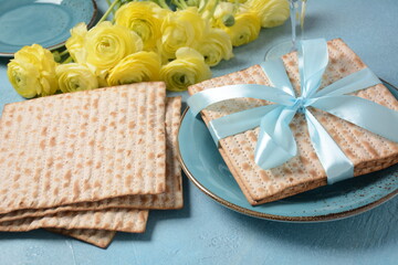 Table served for Passover (Pesach) indoors, with matzah bread as symbolic Pesach (Passover Seder) item.