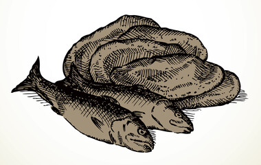 Vector still life from the biblical story: loaves and fishes