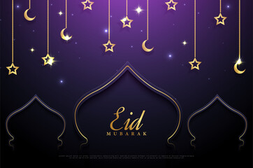 Fototapeta na wymiar Realistic eid mubarak background with moon and star accessories