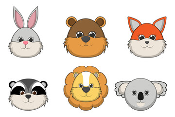 Vector illustration set of cute animal faces including Rabbit, Bear, Fox, Raccoon, Lion and Koala.