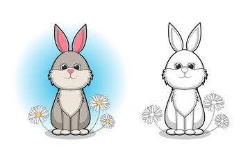 Cute cartoon Rabbit with Camomile. Black and white vector illustration for coloring book.Black and white vector illustration for a coloring book and a colorized sample picture.
