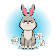 Cute cartoon rabbit with a daisy.A grey hare sits surrounded by flowers on a blue background