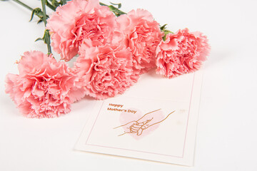 Pink carnations flower with card on white background.Happy Mothers day