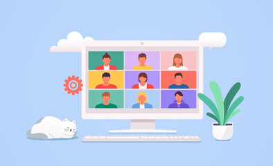 Conference web video call. People talk to each other on computer screen.