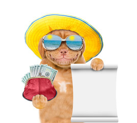 Smiling puppy wearing summer hat and sunglasses holds empty list and wallet with dollars usa....