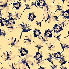 Pink Pattern Palm. Navy Seamless Texture. Gray Tropical Texture. Coral Flower Leaf. Blue Garden Hibiscus. Cobalt Drawing Foliage. Decoration Palm.