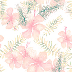 Gray Tropical Texture. Yellow Seamless Palm. Pink Pattern Plant. Coral Flower Hibiscus. White Spring Illustration. Flora Textile. Drawing Textile. Floral Leaves