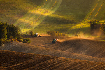 Autumn landscapes in South Moravia, Bohemia. The undulating fields shimmer with shades of green,...
