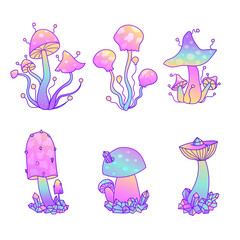 A set of fantastic mushrooms. Fantasy witchcraft magic elements isolated on white.