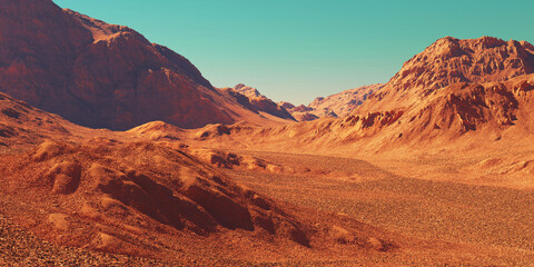 Mars planet landscape, 3d render of imaginary mars mountain terrain, science fiction illustration.
