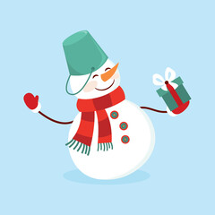 Snowy snowman. Festive and Christmas greeting card. Flat design