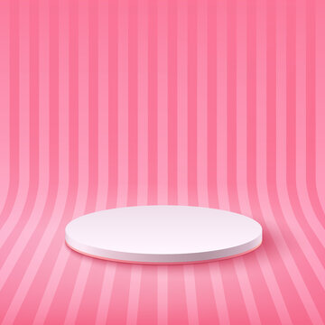 Abstract vector rendering 3d shape for product display presentation. Modern white and light pink cylinder pedestal podium, pink stripes perspective background. Studio room, Minimal wall scene.